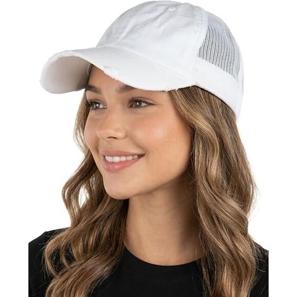 Women\'s White Distressed Mesh Back Adjustable Classic Comfortable Baseball Cap